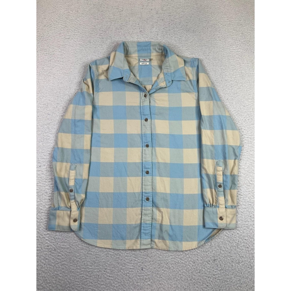 Faherty Shirt Womens Medium Blue Buffalo Plaid Organic Cotton Tencel Stretch Top